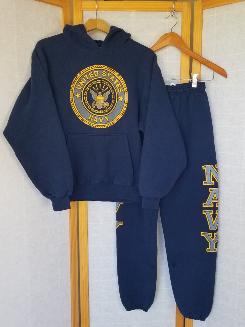 Vintage US Navy Sweatsuit 2-Piece Set Hoodie Jogger Pants USA Made Navy Blue SM